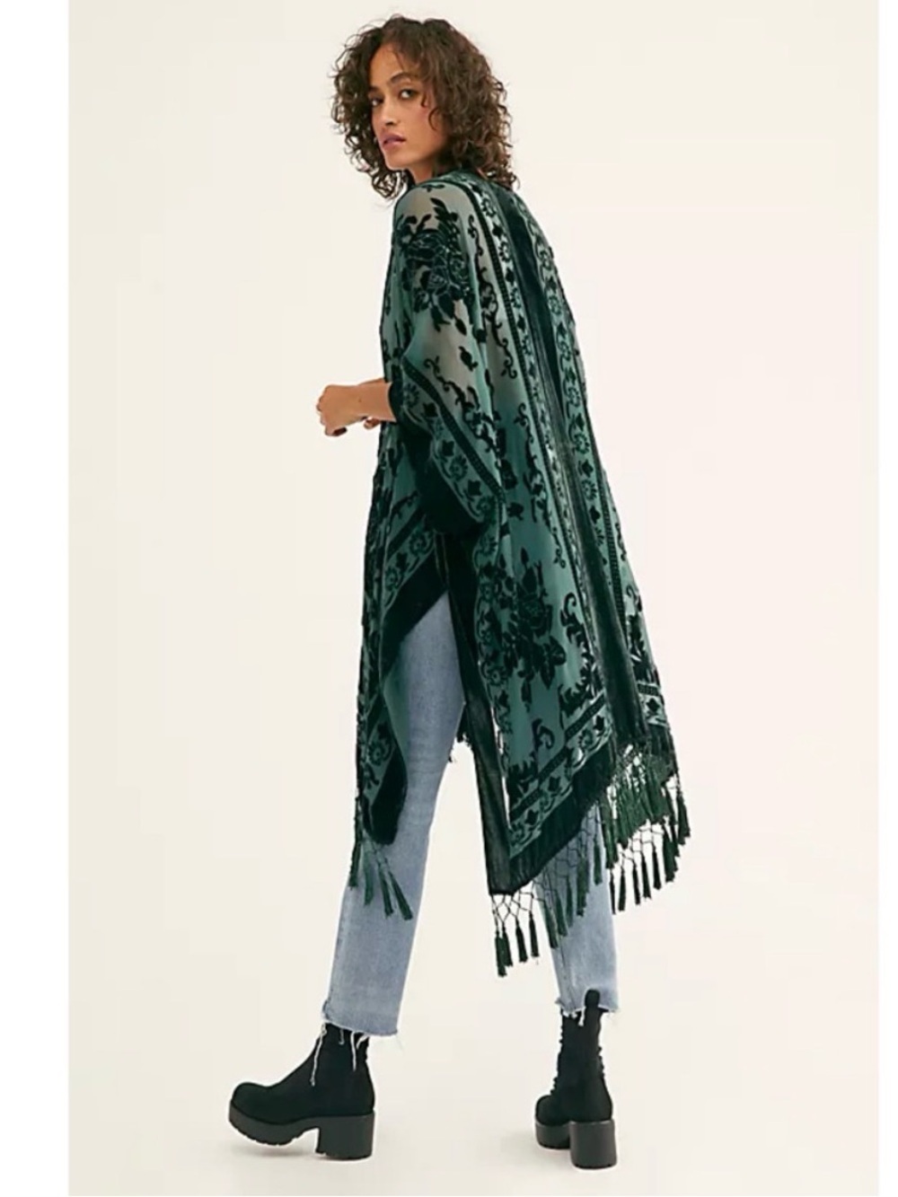 Free People Nightbird Burnout Kimono Duster Cardigan Dark Green Lightweight Top